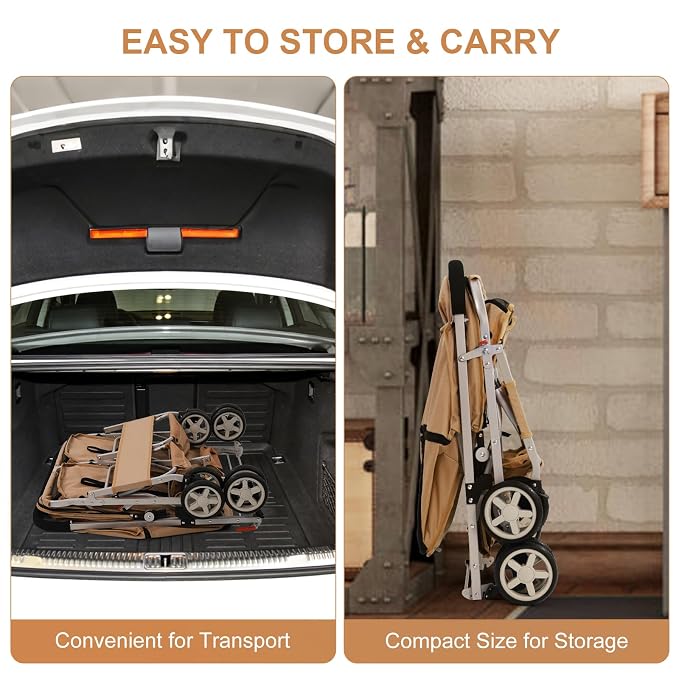 Double Pet Stroller for 2 Small Dogs & Cats, Side-by-Side Twin Travel Carriage with Safety Leashes, Mesh Windows & Double Storage Baskets, Lightweight & Foldable, 44lbs Capacity, Khaki