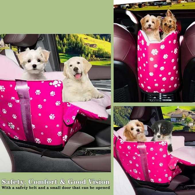 Center Console Dog Car Seat for Small Medium Dogs Up to 21 Lbs | Memory Foam Booster With Safety Leash, Washable Cover, Rose Red