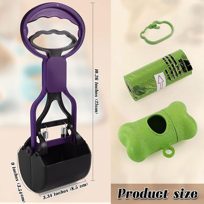 Andiker Dog Pooper Scooper with Short Handle, 10.23" Tall Dual-Spring Pet Pooper Scooper with 1 Roll of Dog Poop Bag and a Dispenser Easy to Use Dog Poop Scooper (Dark Purple)