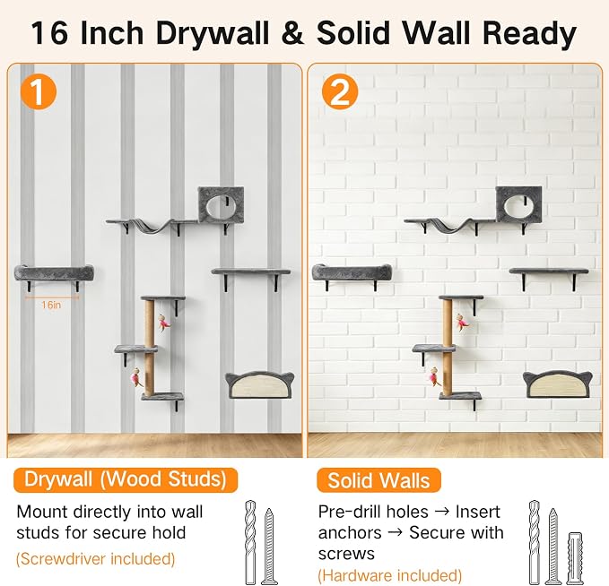 5-in-1 Cat Wall Shelves for Indoor Cats, Wall Mounted Cat Furniture Set with Bed, Perch, Hideaway Condo, Scratching Post & Scratcher, Cat Climbing Wall System, Space Saving Design, Grey