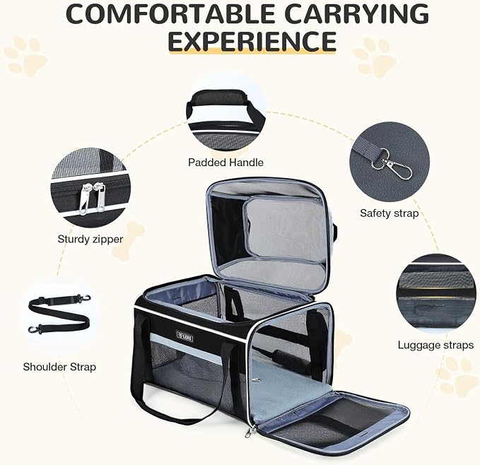 Lekereise Top-Expandable Pet Carrier 17x11x9.5 Inch Alaska Hawaiian Airline Approved Soft Sided Underseat to 12lbs Travel Carriers for Small Dogs and Cats with Locking Safety Zippers Anti-Scratch Mesh
