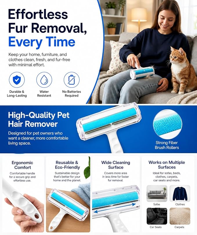Pet Hair Remover for Dogs & Cats - Reusable Lint Roller & Hair Remover Tool for Couch, Carpet, Furniture, Bedding & Car Seats - Portable & Easy Clean Pet Fur Remover Roller for Home & Travel (Blue)