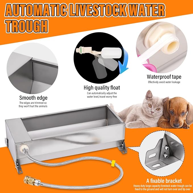 Automatic Livestock Water Trough Large Capacity, Self Filling Dog Waterer | Outdoor Animal Drinking Water Bowl Dispenser with Float Valve, Stainless Steel Water Trough for Horse,Goat,Pig,Dog,Sheep