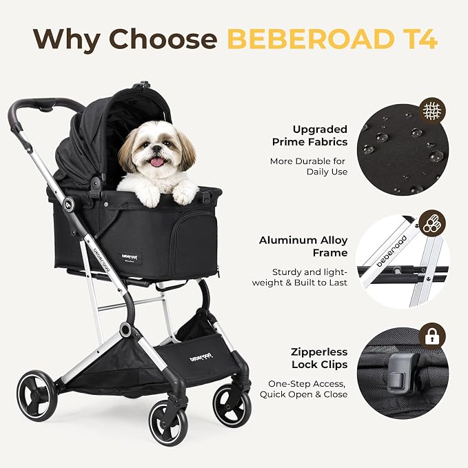 T4 Pet Stroller for Small Medium Dogs, Cat Strollers for 2 Cats, 4 Wheels Folding Pet Stroller for Cats with Pad, Canopy and Cup Holder, Black