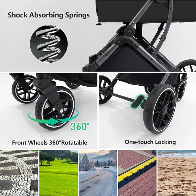 Pet Stroller for Small/Medium Dogs & Cats Up to 50 lbs, 4-Wheel One-Click Foldable Pet Stroller with Reversible Handle, Removable Pad, Cup Holder and Storage Basket (Black)