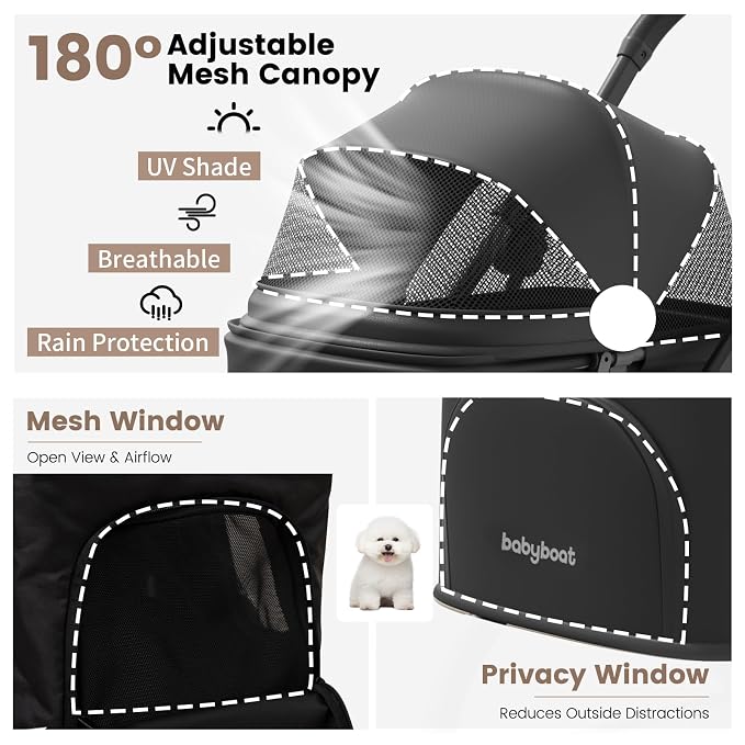 Babyboat Portable Dog Stroller for Small Dogs Cats Up to 35 Lbs - Black | One Hand Folding Compact Travel Pet Stroller with Convertible Canopy, Storage Basket, Cup Holder