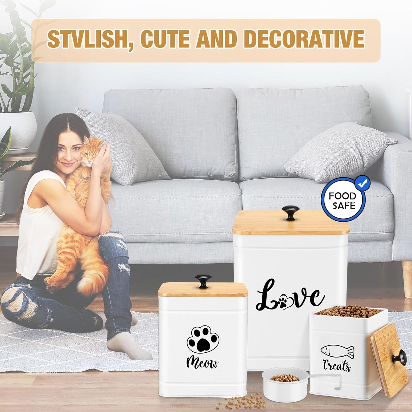 Metal Airtight Cat Food Containers Set of 3 with Bamboo Lids and Spoon 7+3+2 Lbs Cat Treat Storage Container Countertop with DIY Labels Pet Cookie Organizer Jars for Kitchen Counter(White)