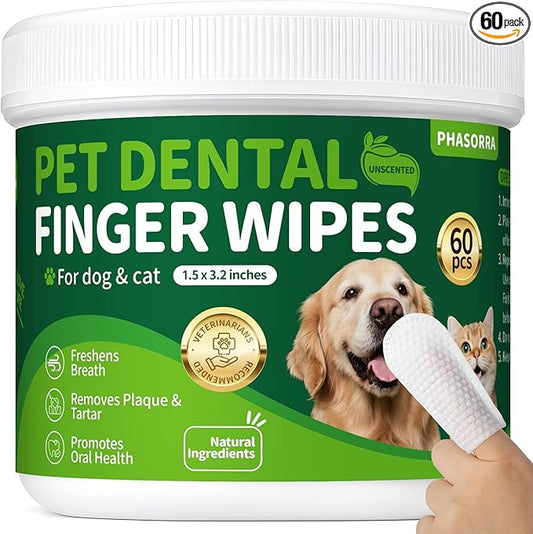Dog Dental Care Wipes - 60Ct Tooth Brushing kit, Heavy Duty Teeth Cleaning for Dogs & Cats, Remove Tartar & Plaque, Dog Breath Freshener, Dog Toothbrush & Toothpaste Alternatives