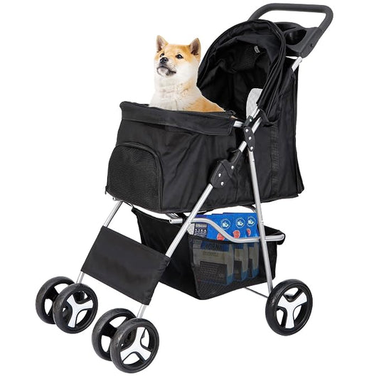 LEMY 4 Wheels Pet Dog Cat Stroller for Small Medium Dogs Cats,Black Foldable Jogger Travel Puppy with Detachable Carrier