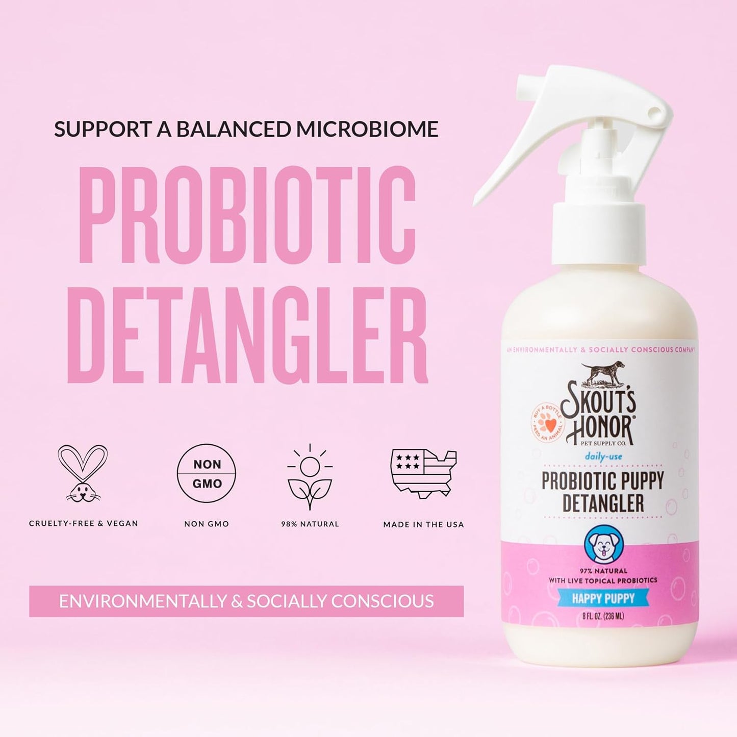 Skout's Honor Pet Detangler Spray - Hydrating & Conditioning with Avocado Oil & Probiotics, 97% Natural, Paraben & Sulfate-Free, softens for a More brushable Coat, Daily Use, 8oz, Happy Puppy, 2-Pack