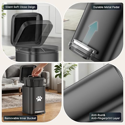 Small Dog Poop Trash Can Outside with Odor Control Lid, 5L/1.3Gal Metal Step Pedal Waste Bin & Removable Inner Bucket, Includes 30 Trash Can Bags, Indoor/Outdoor/Yard Dog Waste Trash Can (Black)