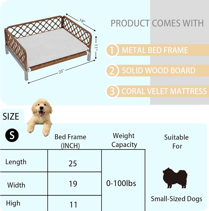 Dog Bed with Egg Crate Foam Support, Brown PE Wicker Orthopedic Pet Couch Bed with Washable Removable White Cushion, Outdoor Dog Sofa Bed for Medium, Small Dogs