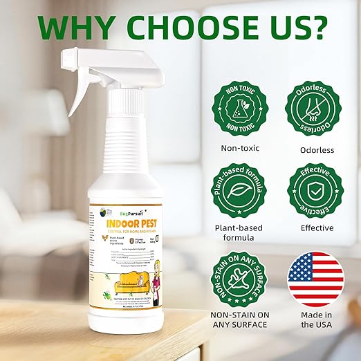 Indoor Pest Control Spray 16oz for Home and Kitchen –Bug Killer & Insect Repellent, Kills Carpet Beetles, Ants, Spiders, Beg Bugs, Roaches, Flea & Tick- Non Staining-Child and Pet Safe