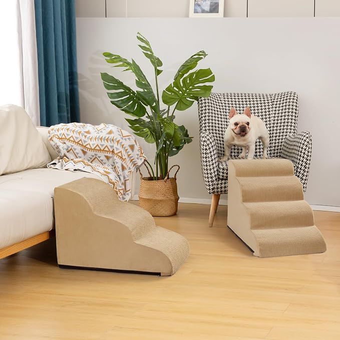 Aodisman Dog Stairs for Small Dogs and Cats,3-Step Pet Ramp for Couch,Chair | 15.7" H Non-Slip Sturdy Dog Steps with Curved Ramp for Senior,Short-Legged Dogs,Puppy and Cats to Reach Sofa or Chair,Khaki