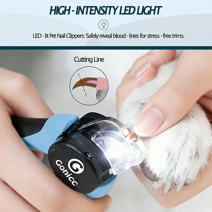 gonicc LED Pet Nail Clippers for Dogs & Cats | Light-Up Dog Nail Trimmer with Safety Lock & Built‑in File, Professional Stainless Steel Nail Clippers for Pets