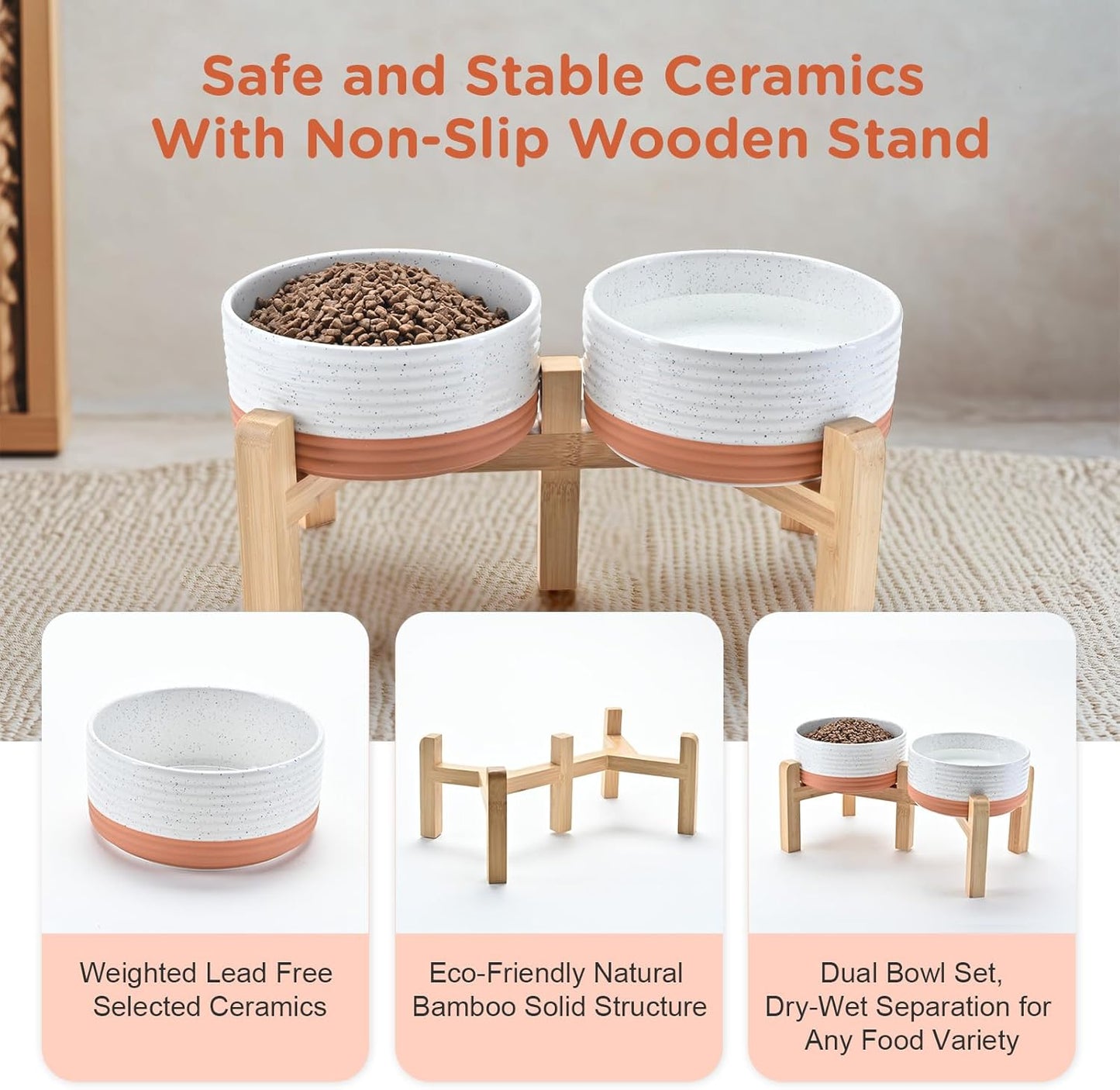 SPUNKYJUNKY Elevated Dog Bowls Ceramic, 6.1'' Dogs and Cat Food Water Bowls Raised with Non-Slip Bamboo Stand for Medium Sized Breed Microwave Dishwasher Safe - 28.7 OZ,Pattern White