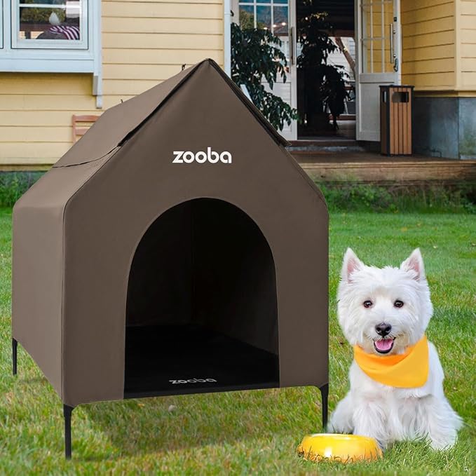 Zooba 29in Medium Dog House Outdoor, Elevated Dog Bed with Canopy, Brown | Weather-resistant 600D PVC canopy, breathable 2x1 Textilene elevated bed, steel frame; indoor or outdoor; easy to clean