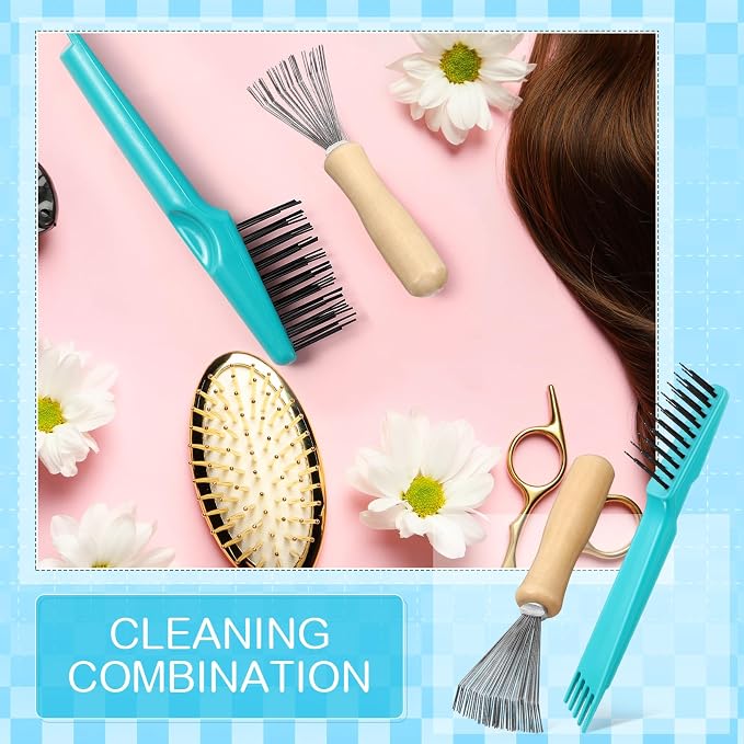 Boao 2 Pack Hair Brush Cleaning Tool,2-in-1 Comb Rake and Brush Cleaner for Removing Hair,Dust and Buildup,Mini Hairbrush Accessory for Home&salon(Green, Wood Color,Polished Wooden Handle Rake)
