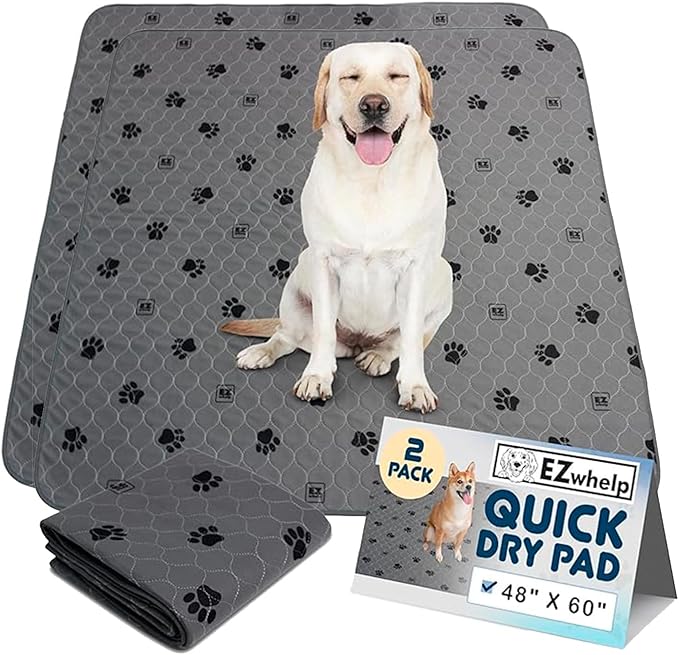 EZwhelp Reusable Quick Dry Pad - Waterproof Pet Pee Pads Washable for Large Dogs - Non-Slip Dog Training Pads, Fast Absorbent - Reusable Potty Pads for Cats and Dogs - 48" x 60" Pack of 2
