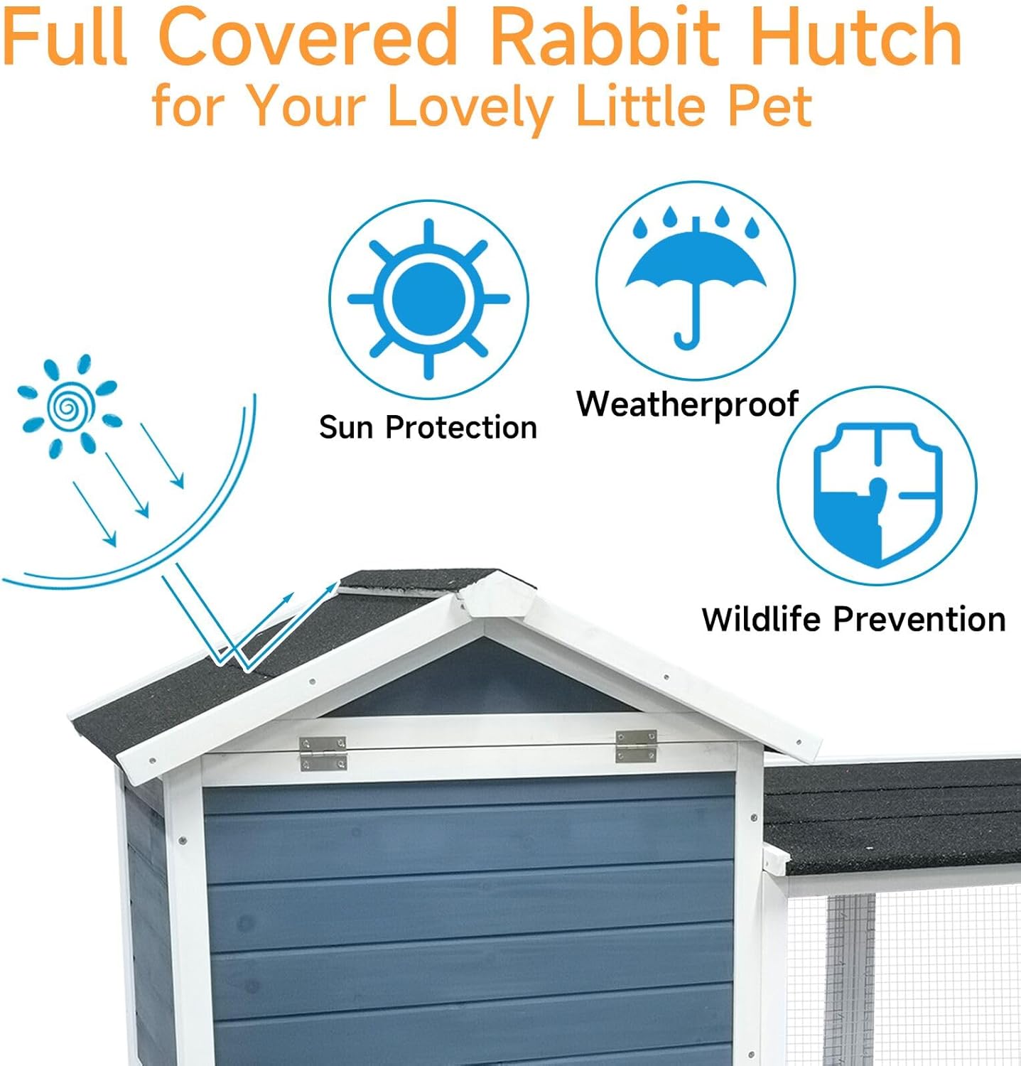 Large Outdoor Rabbit Hutch Weatherproof 2-Story Chicken Coop & Bunny Cage, Wooden Indoor/Outdoor Pet House with No-Leak Tray, Waterproof Roof & Pull-Out Tray (56.8" L x 34.7" H, Grey Blue&White)