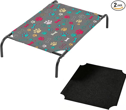 QOOMO Elevated Dog Bed with Cooling Fabric, Pet Cot for Small and Big Dogs, Indoor and Outdoor Use, Joint Relief, Cute Printed Cushion Included (Colored Paw Prints, 35.43" L*25.59" W*8.27" Th)