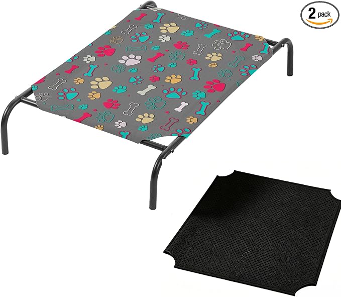 QOOMO Elevated Dog Bed with Cooling Fabric, Pet Cot for Small and Big Dogs, Indoor and Outdoor Use, Joint Relief, Cute Printed Cushion Included (Colored Paw Prints, 47.24" L*31.89" W*9.45" Th)