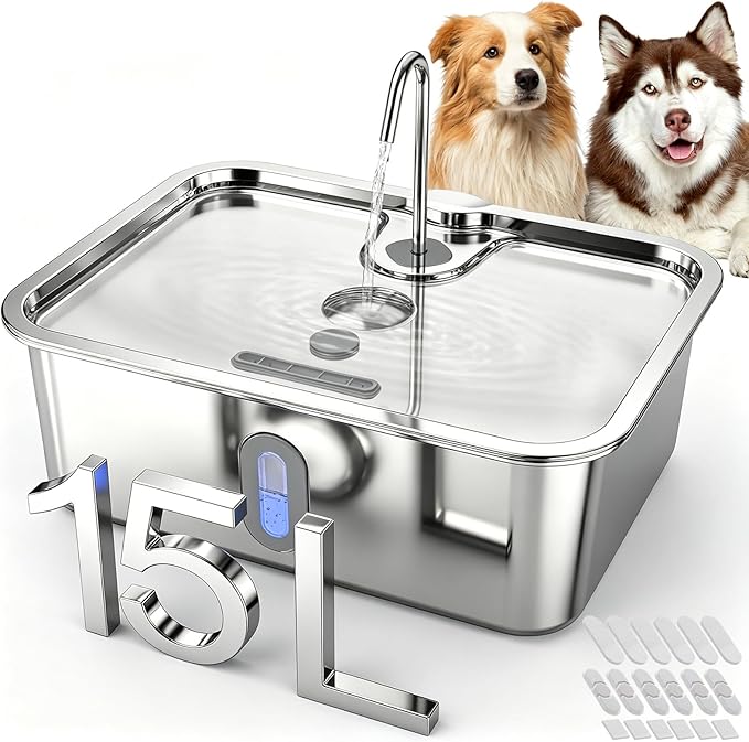 Dog Water Fountion for Large Dogs,15L/4 Gal Stainless Steel Automatic Pet Water Dispenser,Ultra Quiet Dog Fountain Water Bowl with Water Level Window & LED Light, Include 6Set Filter