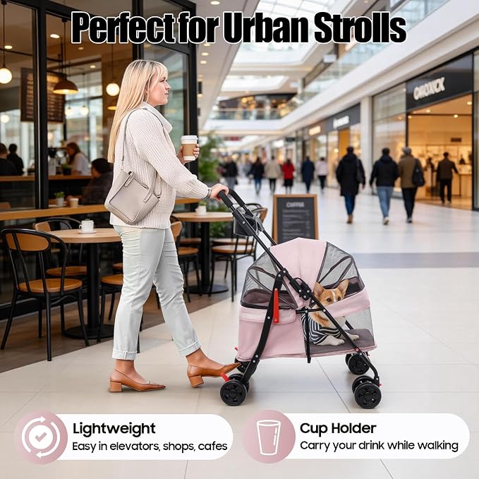 Pet Stroller for Small Medium Dogs Cats, Lightweight Foldable Pet Wagon with 360° Front Wheels & Brake, 40 lbs Capacity Carrier for Park Travel Shopping, Breathable Mesh Basket (Pale Pinkish Grey)