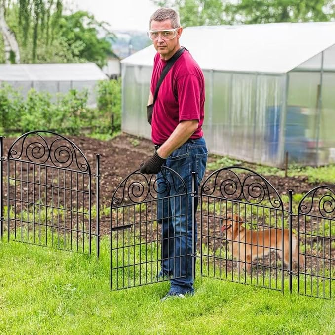 Getlay Tall Garden Fence Animal Barrier with Gate, 32 in(H) 8 Panels Garden Fences and Borders for Dogs, Dog Fence Outdoor for Yard, Total Length 17.5 Ft Metal Temporary Fencing│Patented