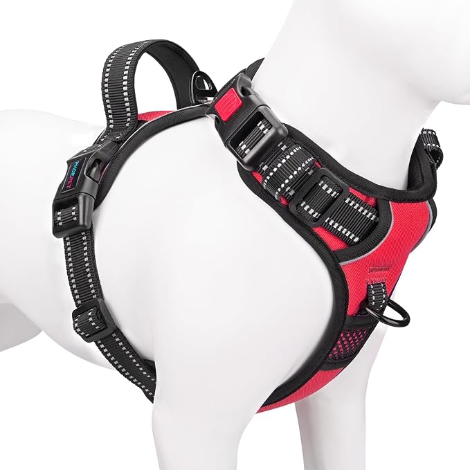 Reflective Dog Harness Large Breed Adjustable No Pull Vest | with Handle 2 Metal Rings 3 Buckles [Easy to Put on & Take Off](L, Red)