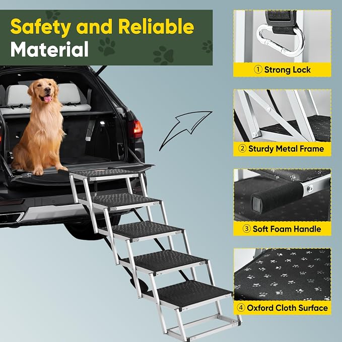 Sakerplus Dog Stairs for Large Dogs, 17.7” Wide Dog Ramps for Car 5 Steps | Foldable Dog Steps with Non Slip Surface, Portable Pet Steps for SUV, High Beds, Truck, Support Up to 200lb