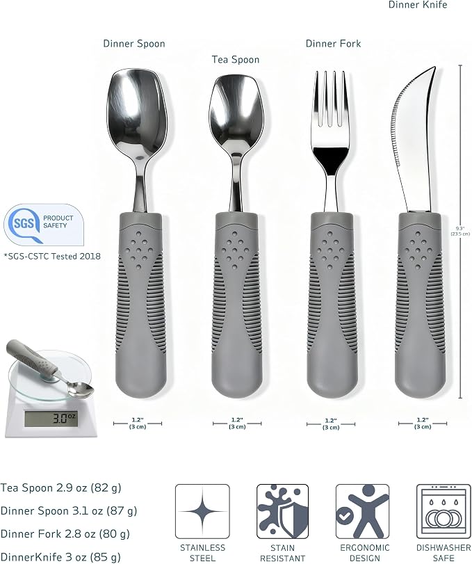 4-Piece Weighted Adaptive Utensils Set with Rocker Knife & Shovel Spoon - 3 oz Weighted Silverware for Hand Tremors, Parkinsons Utensils, Easy Grip Handles for Arthritis and Elderly (Grey)