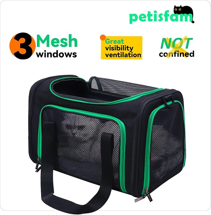 Quick-in Pet Carrier Bag for Cats & Dogs. Airy Mesh Windows Let Fur-Kids See You Reduce Anxiety & Breath Easy. Rip-Stop Fabric & Lockable Zips Hug Securely. Washable Comfy Pad. Collapsible