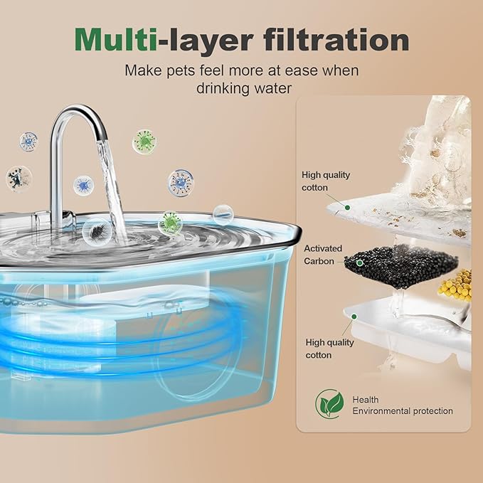 Cat Water Fountain Stainless Steel 108oz/3.2L, APAUK Automatic Pet Fountain Dog Water Dispenser with Water Level Window, Quiet Cat Fountain for Drinking, Inside with Replacement(1 Filters&1 Sponges)