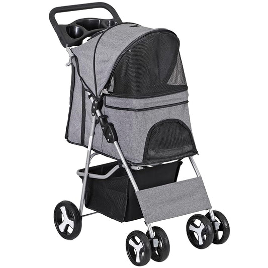 4 Wheels Dog Stroller Folding Pet Strolling Cart for Small Medium Cats Puppies Portable Jogger Travel Camping Puppy Carrier with Storage Basket Cup Holder, Gray