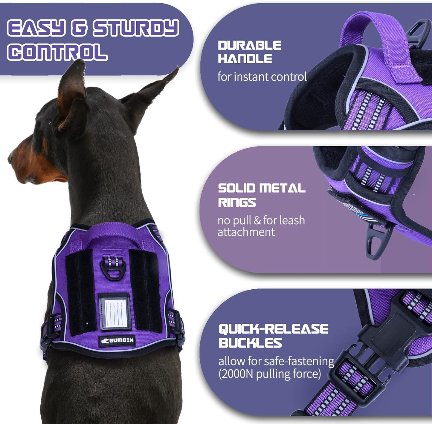 BUMBIN Tactical Dog Harness for Small Dogs No Pull, Famous TIK Tok No Pull Puppy Harness, Fit Smart Reflective Pet Walking Harness for Training, Adjustable Dog Vest Harness with Handle Purple S