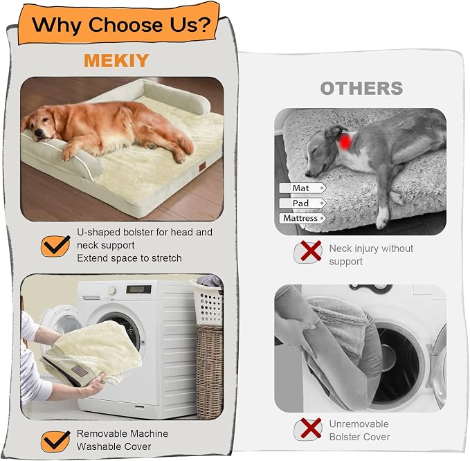 Orthopedic Waterproof Dog Bed with Bolster for Extra Large Size Dogs | Pillow Support for Neck Relief, Egg Crate Foam, Waterproof Liner, Anti-Slip Bottom, Removable Bolster Cover, 48 x 33 Inch