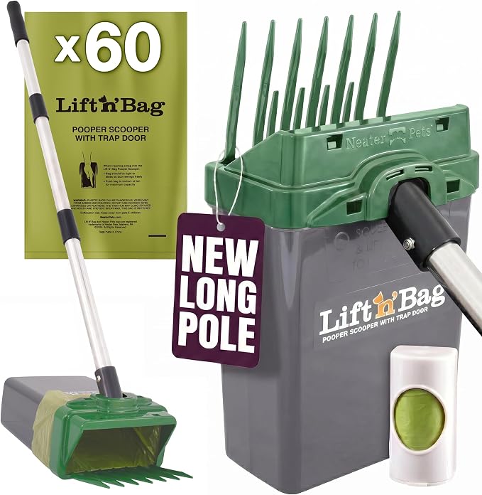 Neater Pet Brands Lift N’ Bag 2.0 Dog Pooper Scooper with Bag Attachment & 31" Pole for Small to Large Dogs, New Longer Pole, 60 Refill Bags, Heavy Duty Dog Poop Scooper for Yard, One-Hand Use