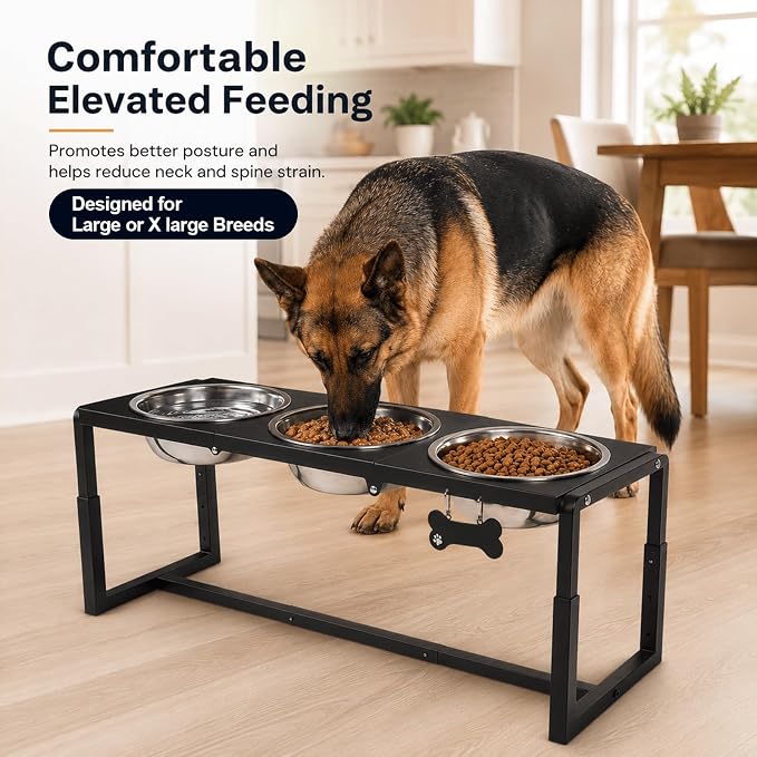 Metal Elevated Dog Bowls, Raised Dog Bowls for Large/Extra-Large Breeds with 3×111oz Stainless Steel Bowls, 3 Adjustable Height Stand for Water & Food, Protect Neck & Joints