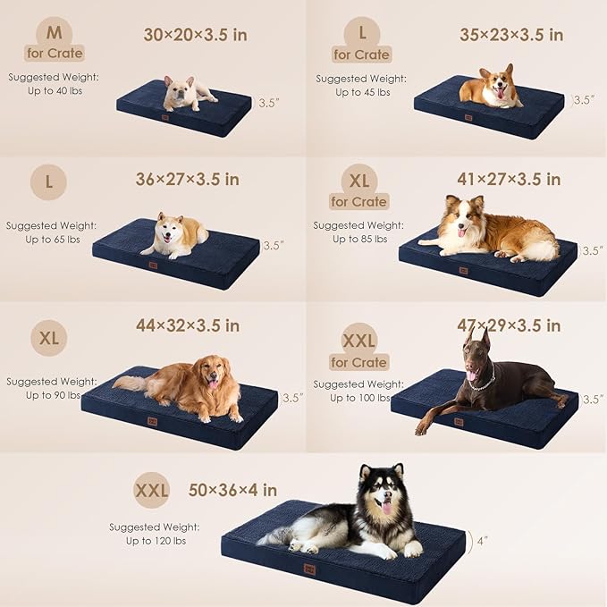 EHEYCIGA Orthopedic Dog Bed Large with Removable Washable Cover, 47IN Navy | Egg Crate Foam Support,Durable Oxford fabric,Non-Slip Bottom,Machine Washable,Soft Waterproof Plush Pet Bed Mat For Crate
