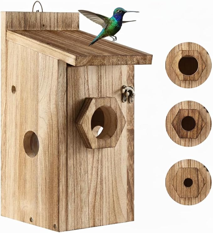 Bird House for Outside –Hanging Birdhouse for Bluebird Finch Swallow Wren Chickadee, Decorative Outdoor Bird Nesting Box with 3 Size Holes, Assembly Required (1)