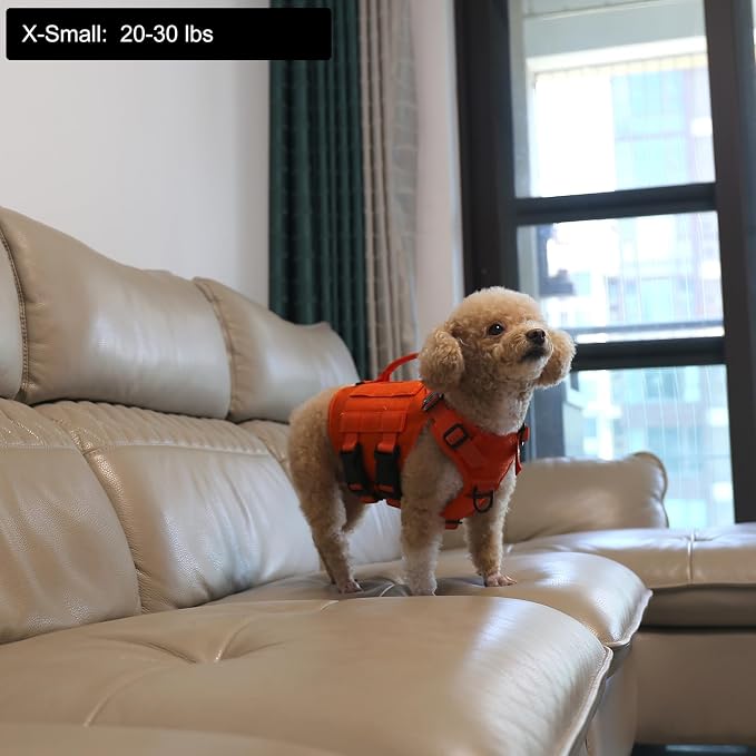 ICEFANG No Pull Tactical Dog Harness for X-Small Dogs,Adjustable Dog Vest | Control Handle,MOLLE Panel,Front Hook,3 Leash Clips,Soft Padded,for walking training,Orange,X-Small