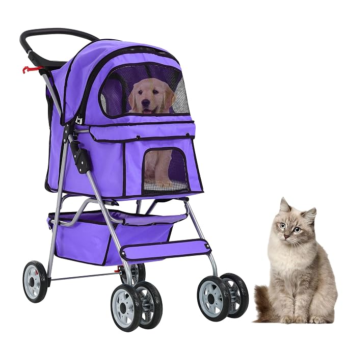 Pet Stroller for Small Medium Dogs & Cats, 4-Wheel Breathable Compact Foldable Dog Carrier with Storage Basket, Outdoor Portable Lightweight Travel Stroller for Camping,Purple