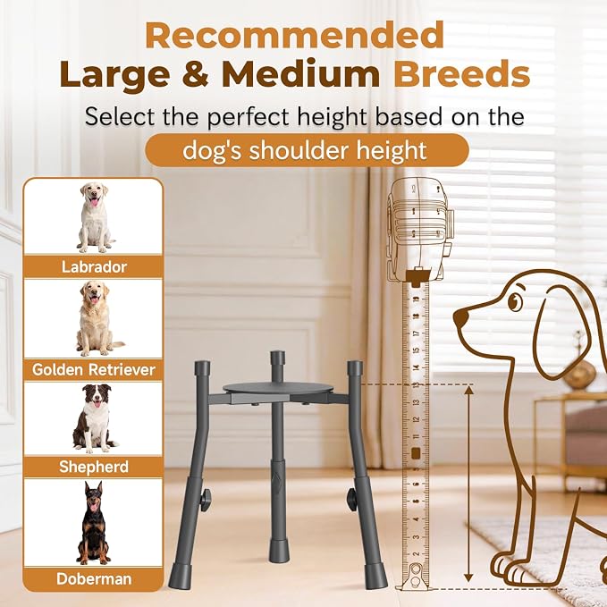 Elevated Dog Bowl Stand for Large Medium Breeds, Extra-Stable Food Feeder | Adjustable Size 4 Heights Width 6-10in, Anti-Tip Metal Raised Water Dish Holder, Non-Slip Tall Single Lifted Riser