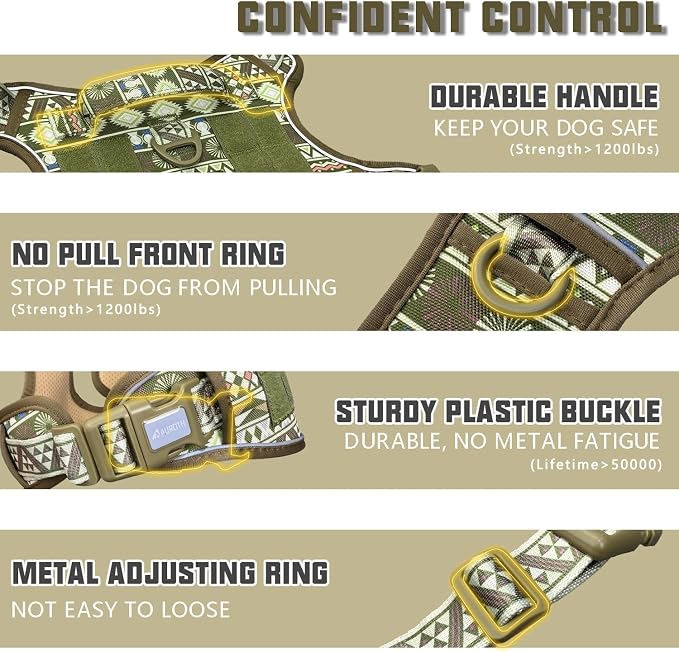 AUROTH Tactical Dog Harness for Large Dogs No Pull Adjustable Pet Harness Reflective K19 Working Training Easy Control Pet Vest Military Service Dog Harnesses