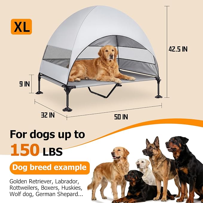 Elevated Dog Bed with UV-Proof Canopy, Outdoor Dog Tent with Powerful Adjustable Feet, Portable Pet Cot with Wider Shade, Raised Cooling Bed for Camping, Patio, Beach, Poolside