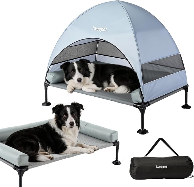 iweepet 4 in 1Elevated Dog Bed with Removable Canopy & Bolster Pillows for Medium & Large Dog, Cooling Raised Outdoor Dog Bed with Breathable Teslin Mesh,Carry Bag for Camping, Patio, Backyard, 42''
