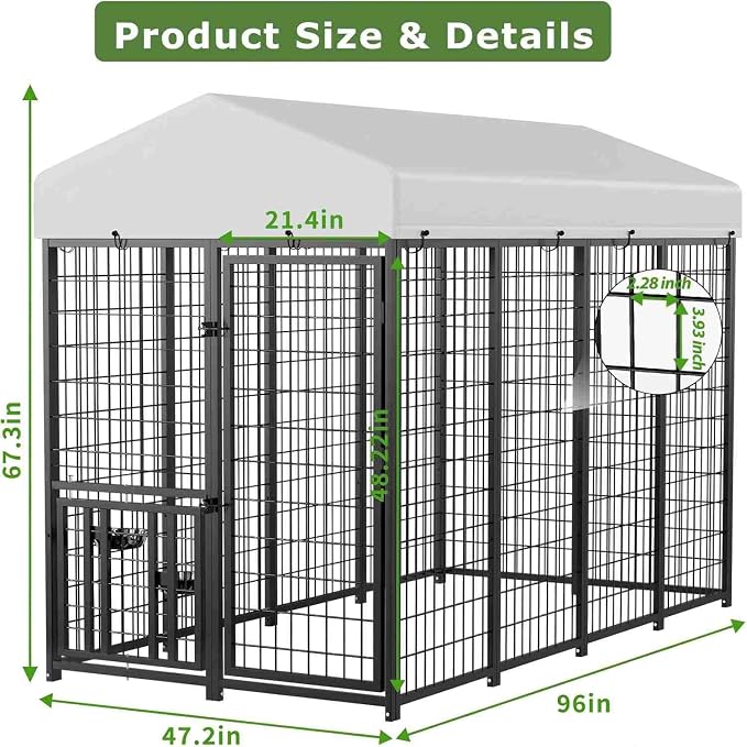 8 x 4 x 5.6 FT Outdoor Dog Kennel with Roof for Medium Large Dogs | Spacious Dog Run with Rotating Feeder, 2 Stainless Steel Bowls and Double Latch Gate