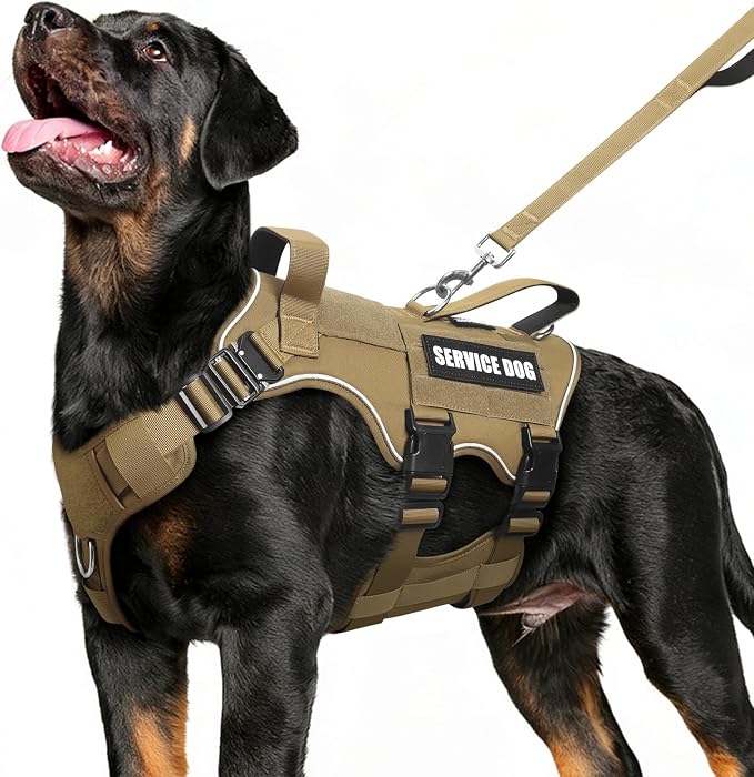 Tactical Dog Harness and Leash Set with Metal Buckles+10 Patches | Heavy Duty Service Dog Vest ,Adjustable Harness for Large Sized Dogs,No Pull Front Back Clips,for Training Hiking,Brown L