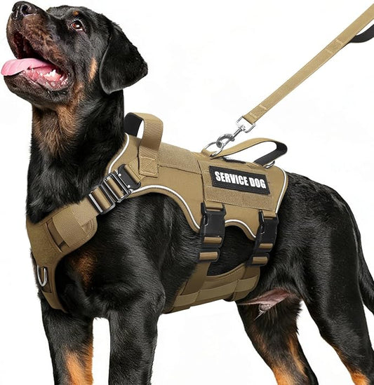 Tactical Dog Harness and Leash Set with Metal Buckles+10 Patches | Heavy Duty Service Dog Vest ,Adjustable Harness for Large Sized Dogs,No Pull Front Back Clips,for Training Hiking,Brown L